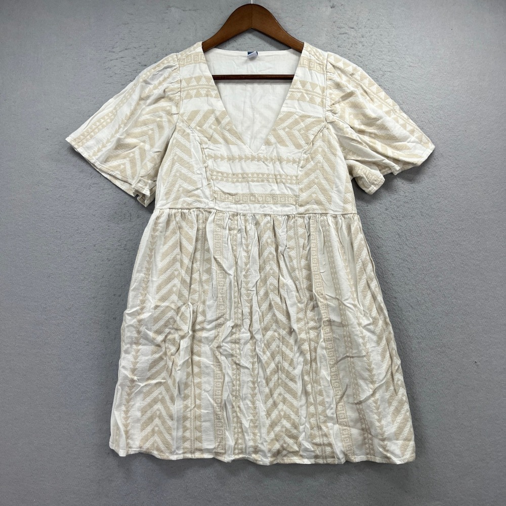 Old Navy Babydoll Mini Dress Womens S Petite White Tan Aztec Tribal Boho Summer